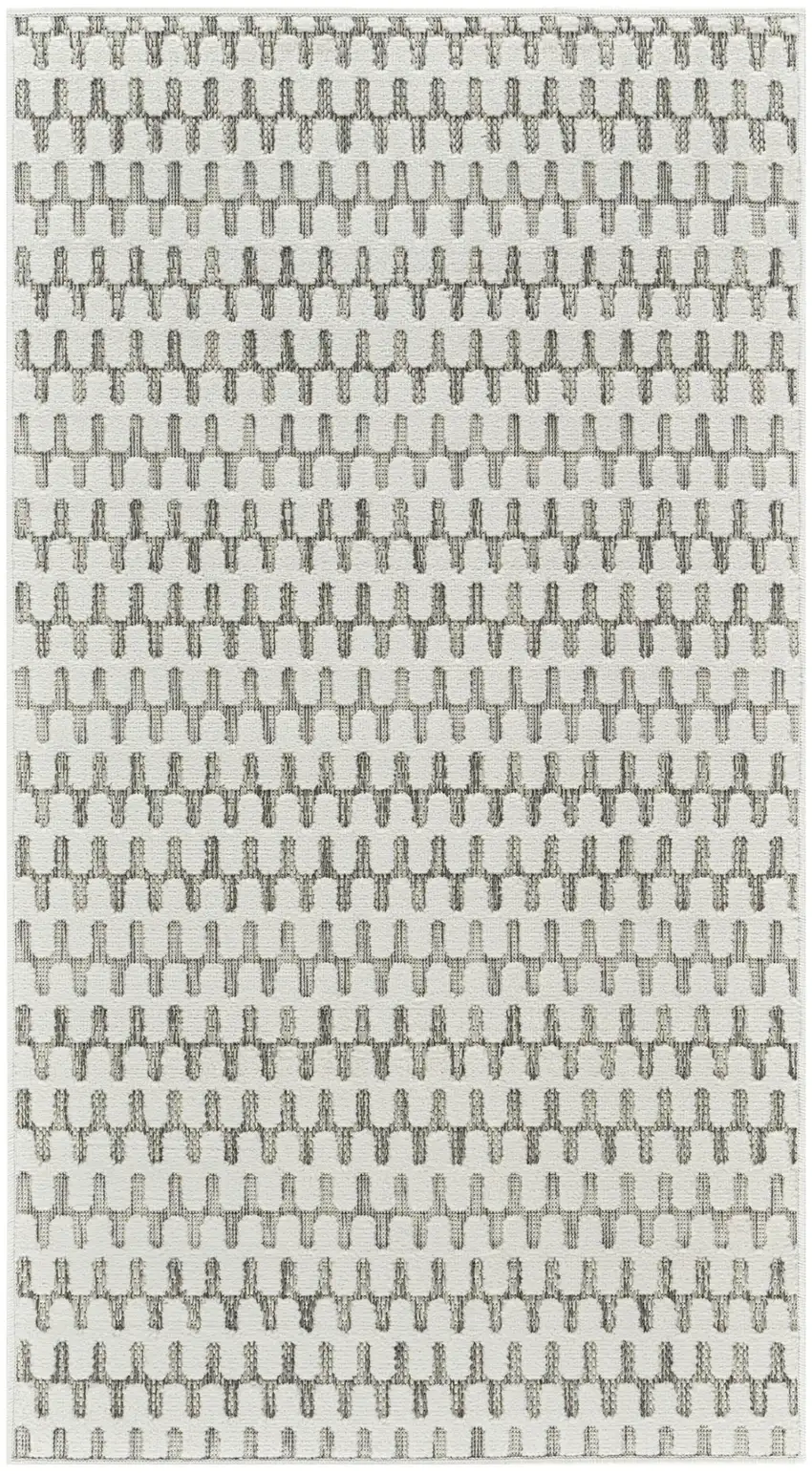 8' Cream and Beige Geometric Distressed Indoor Outdoor Runner Rug Photo 2