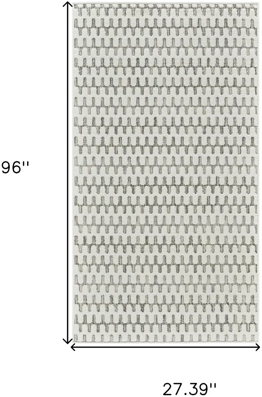 8' Cream and Beige Geometric Distressed Indoor Outdoor Runner Rug Photo 3