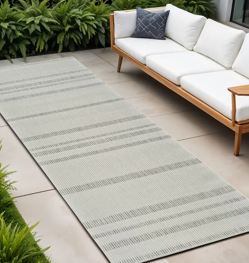 10' Cream and Beige Striped Distressed Indoor Outdoor Runner Rug Photo 1