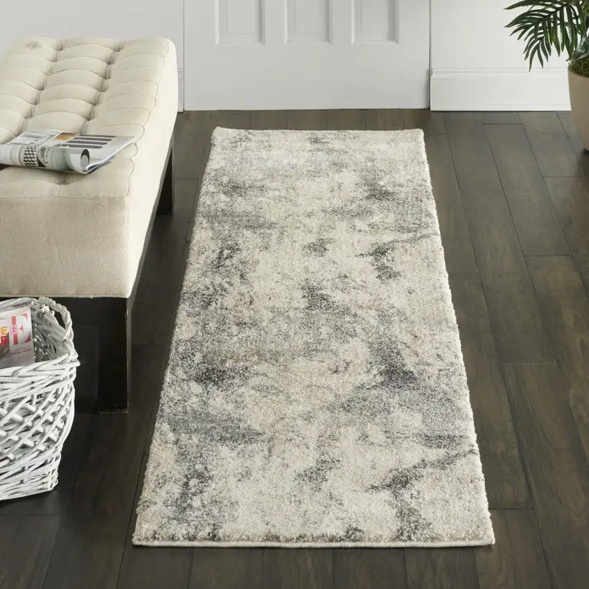 8' Cream and Gray Abstract Distressed Runner Rug Photo 3