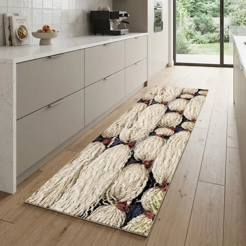 8' Cream and Gray Abstract Distressed Runner Rug Photo 1
