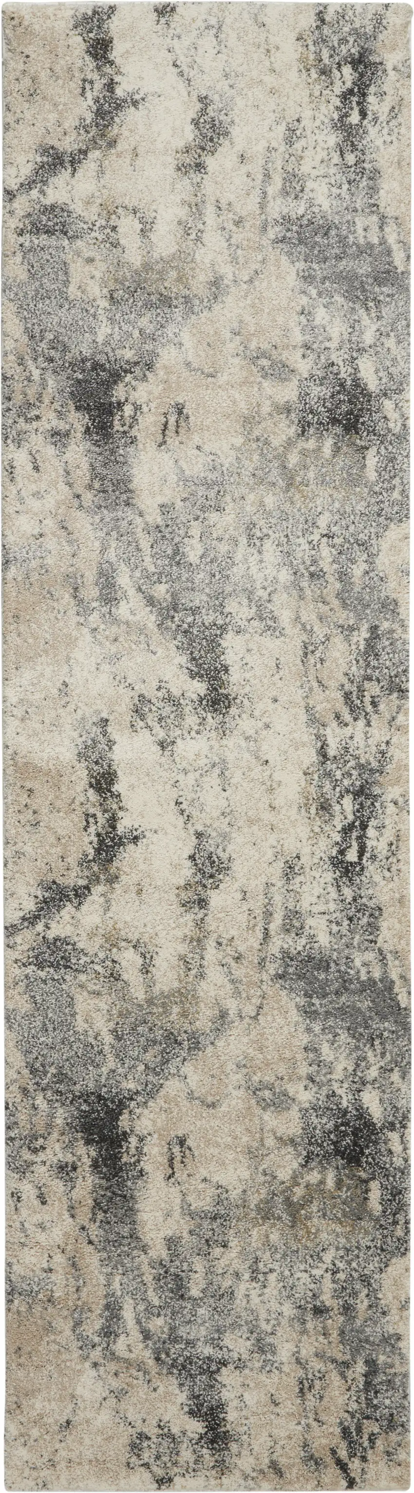 8' Cream and Gray Abstract Distressed Runner Rug Photo 2