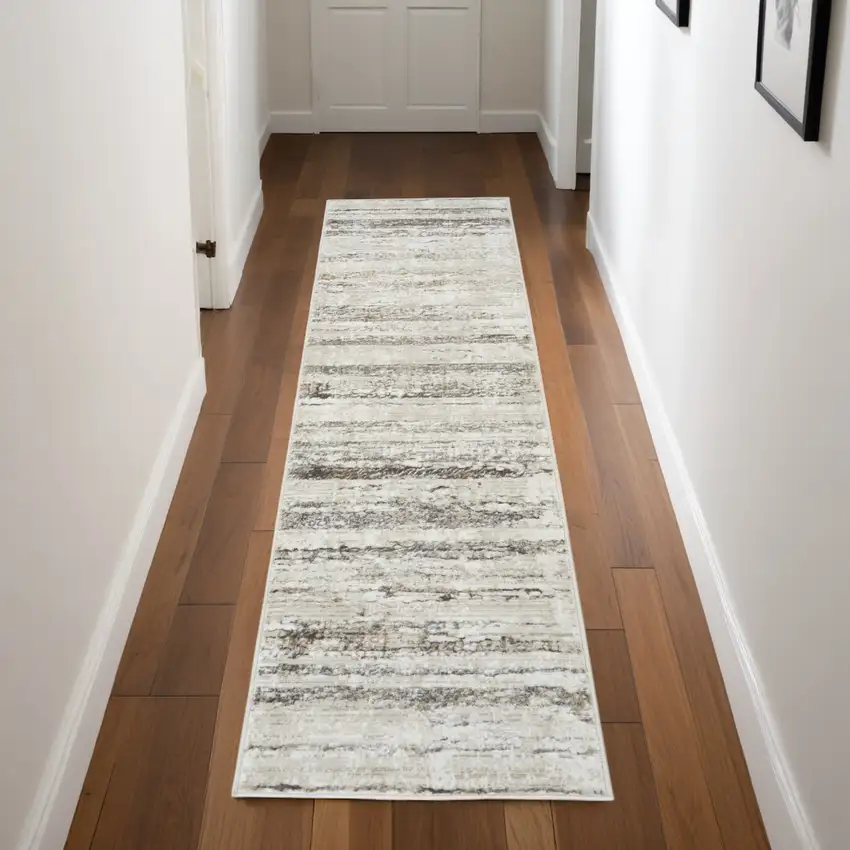 8' Cream and Gray Abstract Non Skid Runner Rug Photo 2