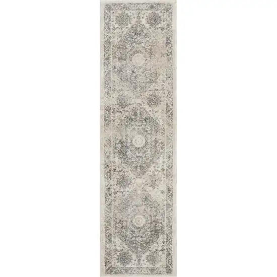 8' Cream and Gray Floral Distressed Runner Rug Photo 1