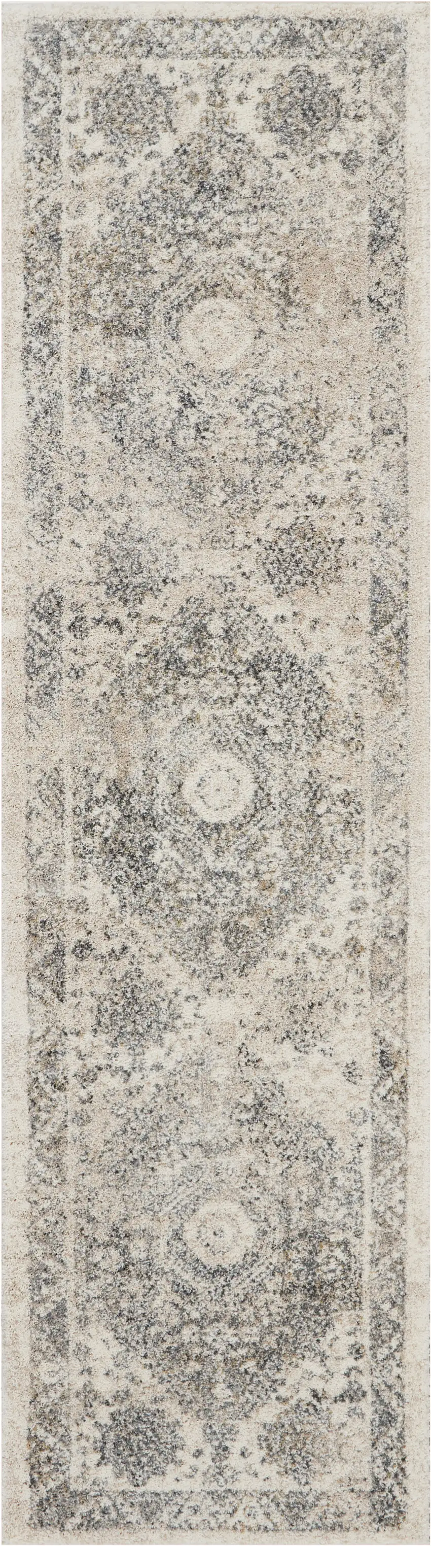 8' Cream and Gray Floral Distressed Runner Rug Photo 1