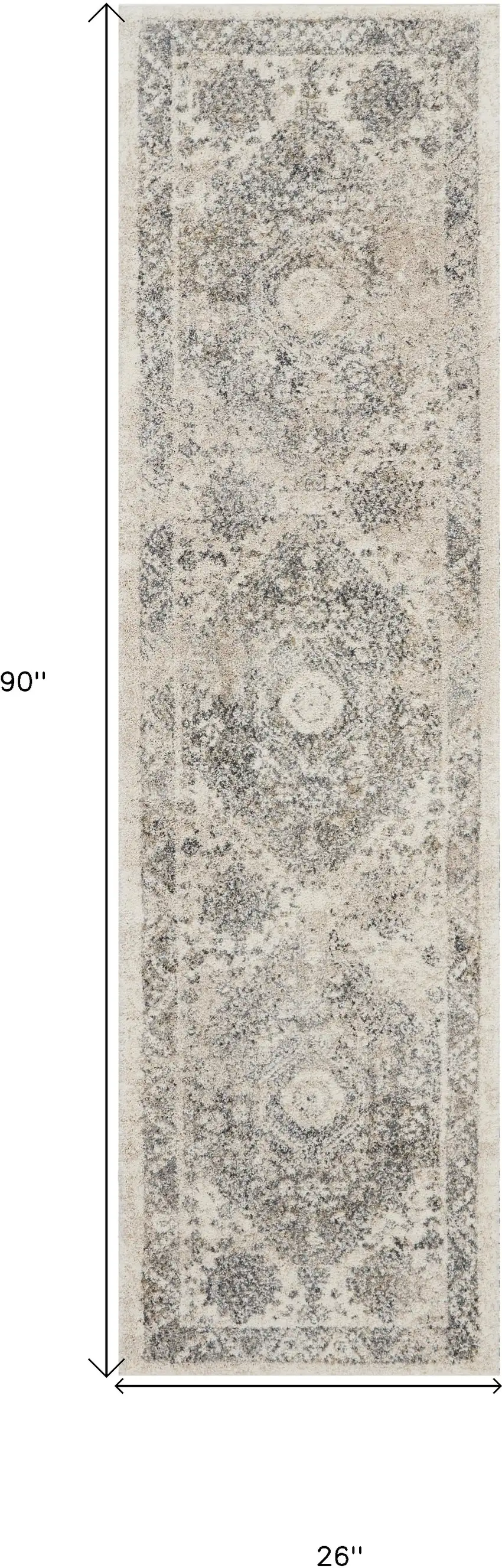 8' Cream and Gray Floral Distressed Runner Rug Photo 3