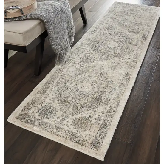 8' Cream and Gray Floral Distressed Runner Rug Photo 5
