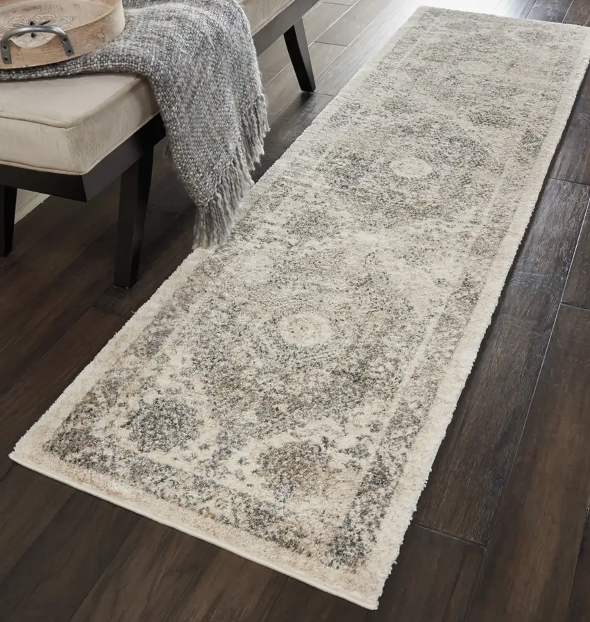 8' Cream and Gray Floral Distressed Runner Rug Photo 5