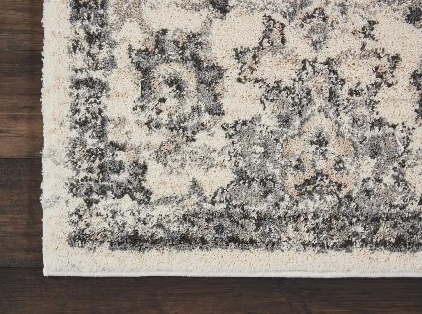 8' Cream and Gray Floral Distressed Runner Rug Photo 7