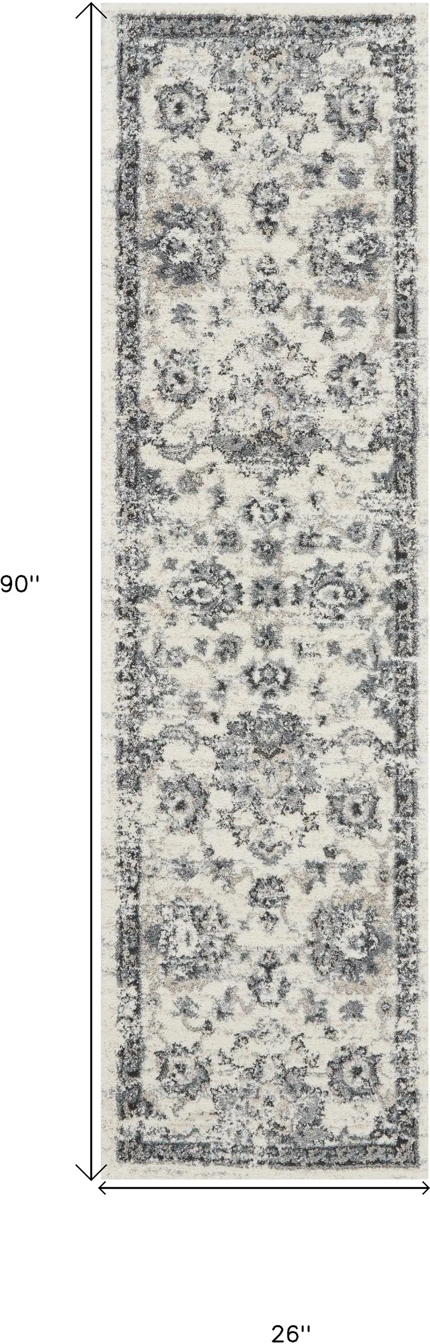 8' Cream and Gray Floral Distressed Runner Rug Photo 3