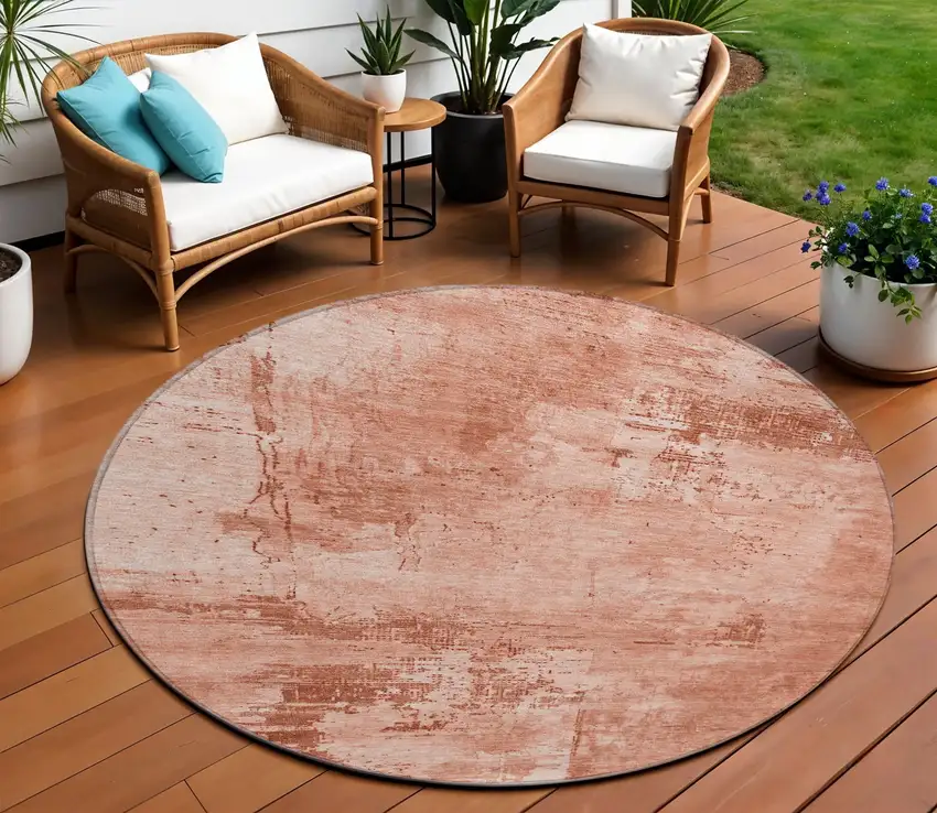 8' Crimson And Ivory Round Abstract Washable Indoor Outdoor Area Rug Photo 1