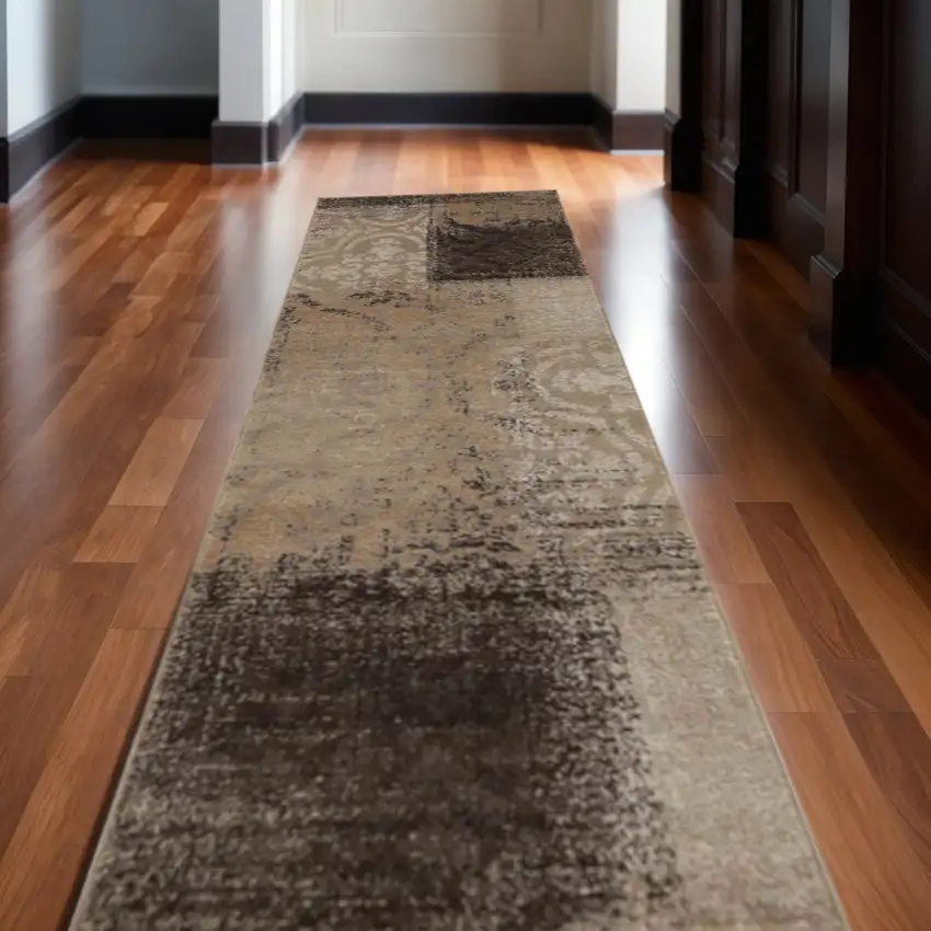 10' Black And Gray Damask Distressed Runner Rug Photo 1