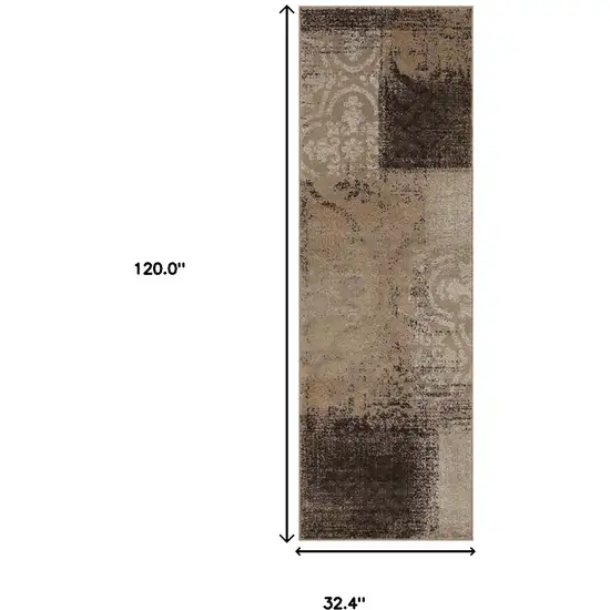 10' Damask Distressed Stain Resistant Runner Rug Photo 5