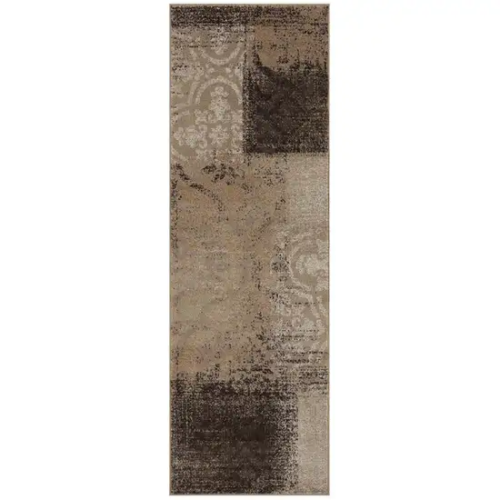10' Damask Distressed Stain Resistant Runner Rug Photo 1