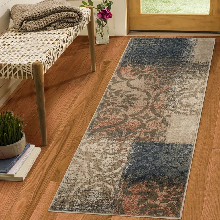 10' Damask Distressed Stain Resistant Runner Rug Photo 2