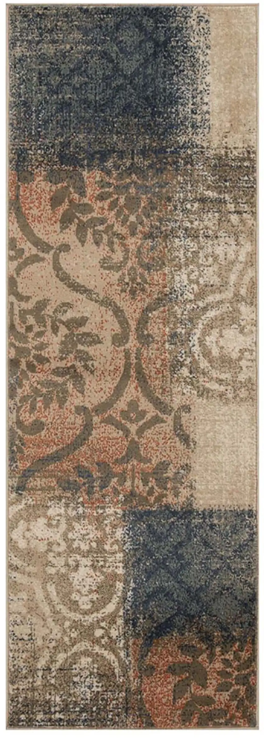 10' Damask Distressed Stain Resistant Runner Rug Photo 1