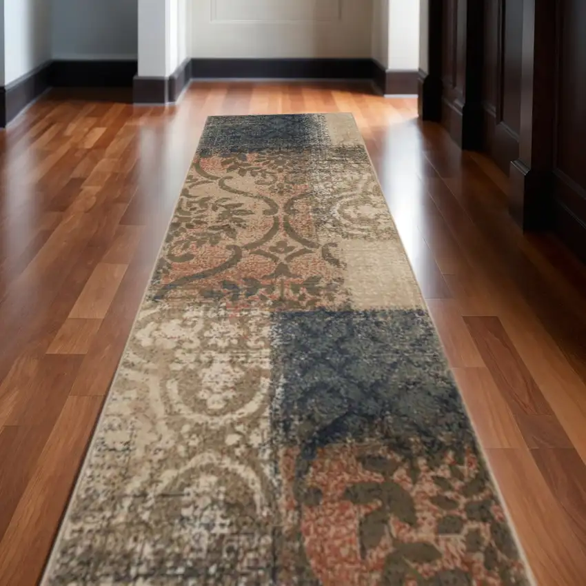 10' Blue And Ivory Damask Distressed Runner Rug Photo 1