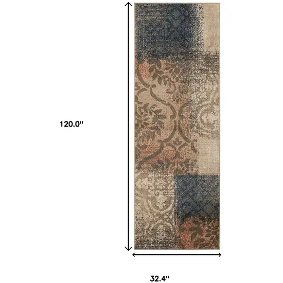 10' Damask Distressed Stain Resistant Runner Rug Photo 7