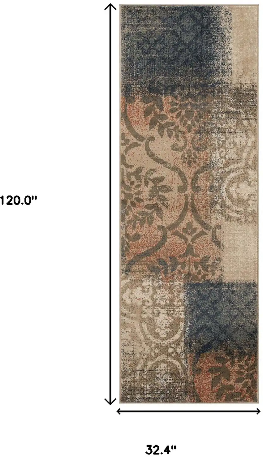10' Damask Distressed Stain Resistant Runner Rug Photo 7