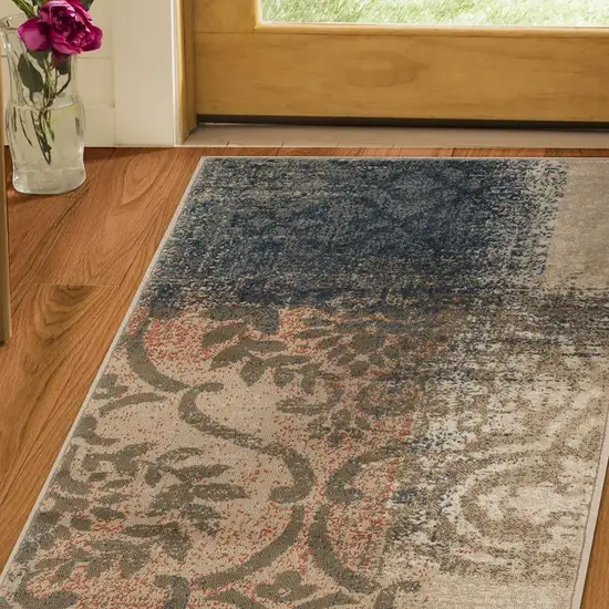10' Damask Distressed Stain Resistant Runner Rug Photo 6