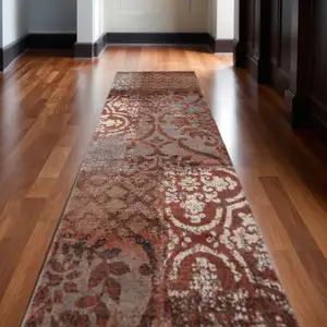 Photo of 10' Damask Distressed Stain Resistant Runner Rug