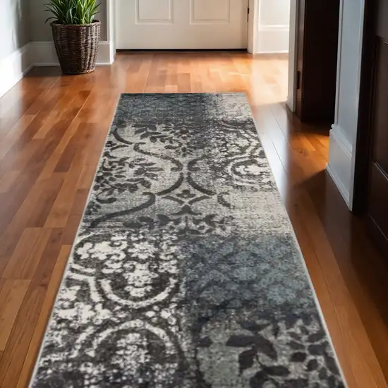 10' Teal And Ivory Damask Distressed Runner Rug Photo 1