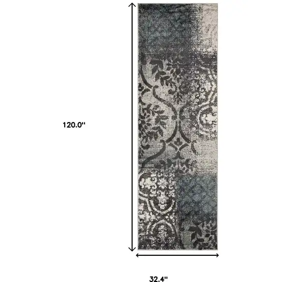 10' Damask Distressed Stain Resistant Runner Rug Photo 5