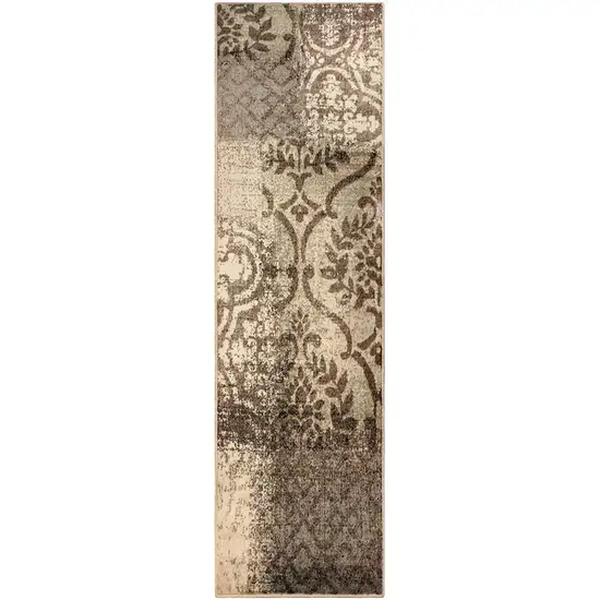 8' Tan and Brown Damask Distressed Runner Rug Photo 2