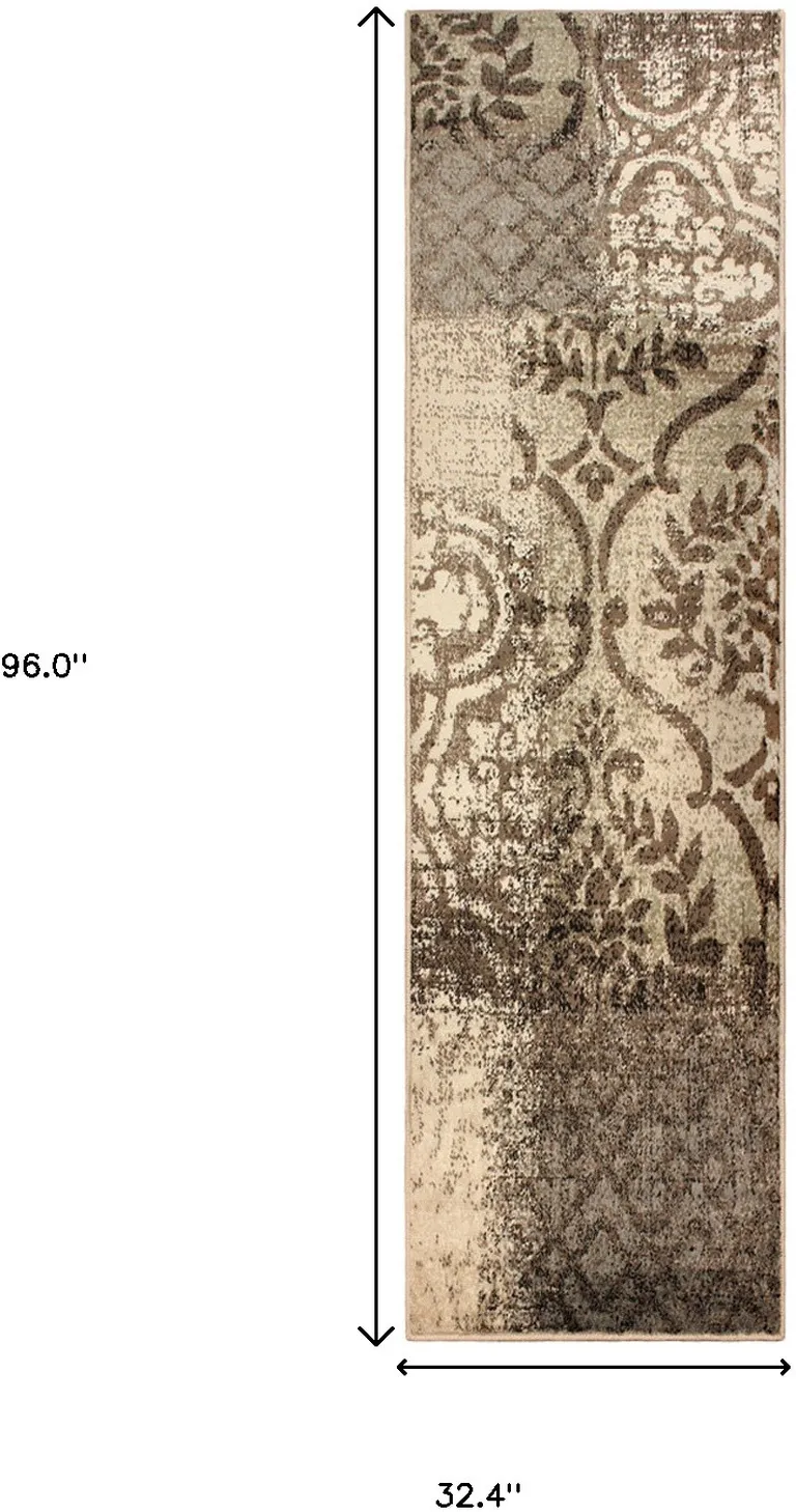 8' Damask Distressed Stain Resistant Runner Rug Photo 3