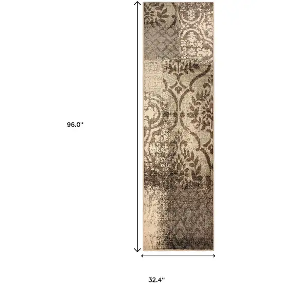 8' Tan and Brown Damask Distressed Runner Rug Photo 3