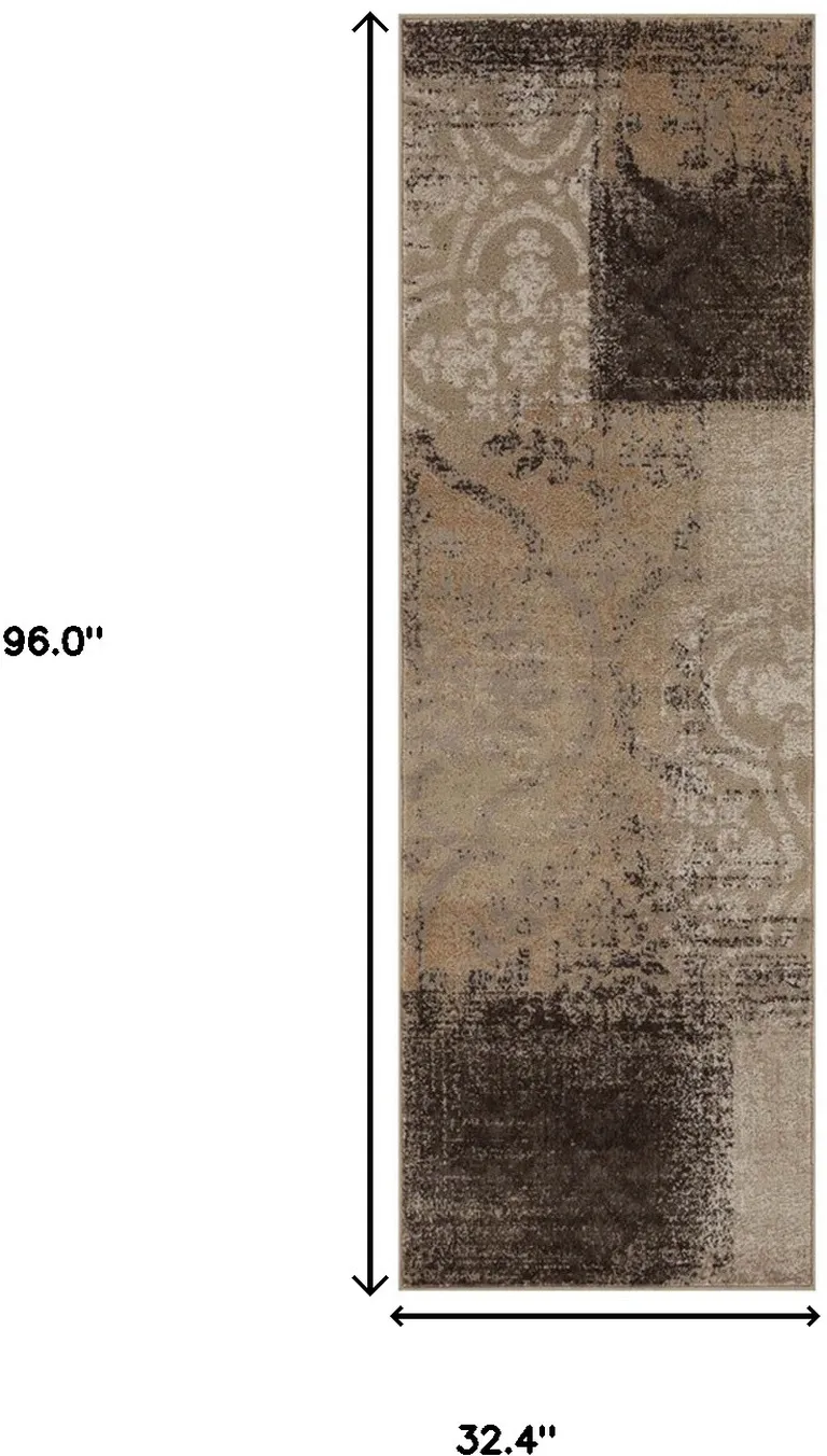 8' Damask Distressed Stain Resistant Runner Rug Photo 3