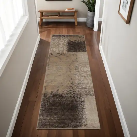 8' Black And Gray Damask Distressed Runner Rug Photo 1