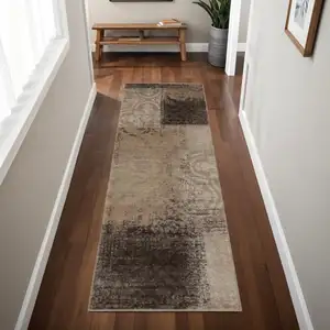 Photo of 8' Damask Distressed Stain Resistant Runner Rug