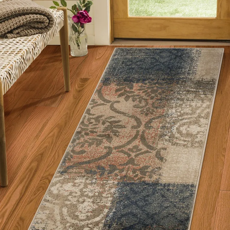 8' Damask Distressed Stain Resistant Runner Rug Photo 5