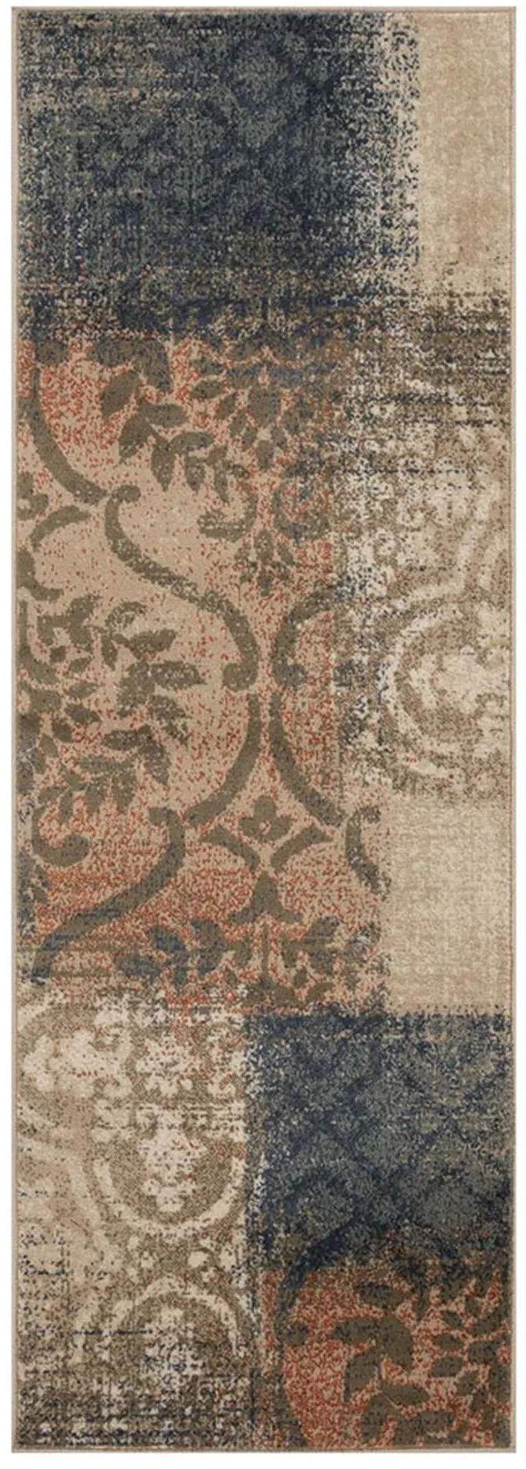 8' Damask Distressed Stain Resistant Runner Rug Photo 1