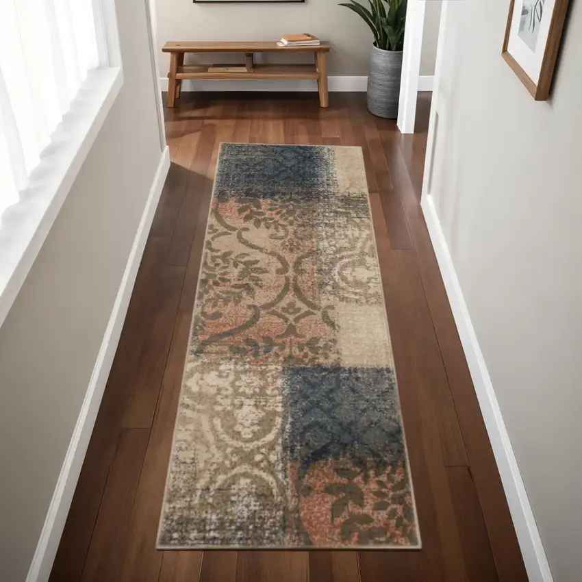 8' Blue And Ivory Damask Distressed Runner Rug Photo 1