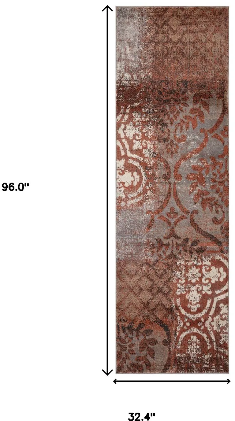 8' Damask Distressed Stain Resistant Runner Rug Photo 5