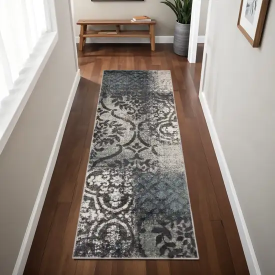 8' Teal And Ivory Damask Distressed Runner Rug Photo 1