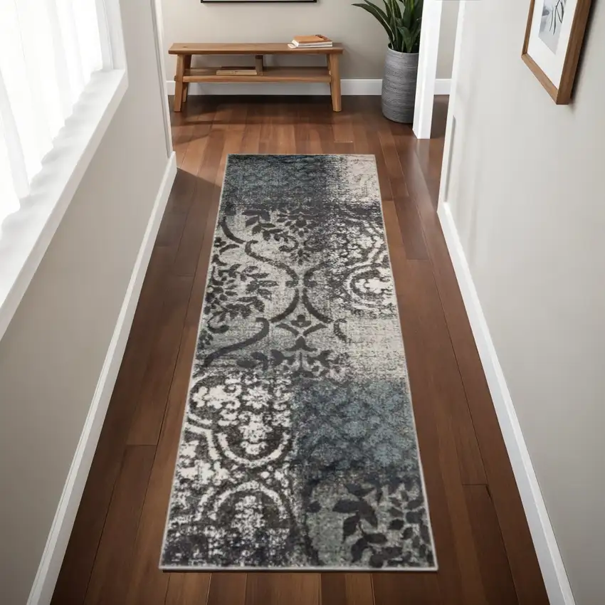 8' Teal And Ivory Damask Distressed Runner Rug Photo 1