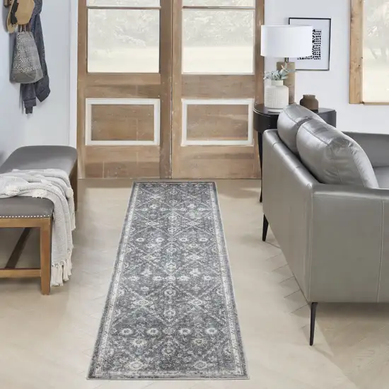 6' Dark Blue And Ivory Floral Distressed Runner Rug Photo 5