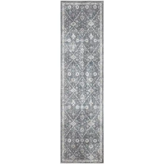 6' Dark Blue And Ivory Floral Distressed Runner Rug Photo 8