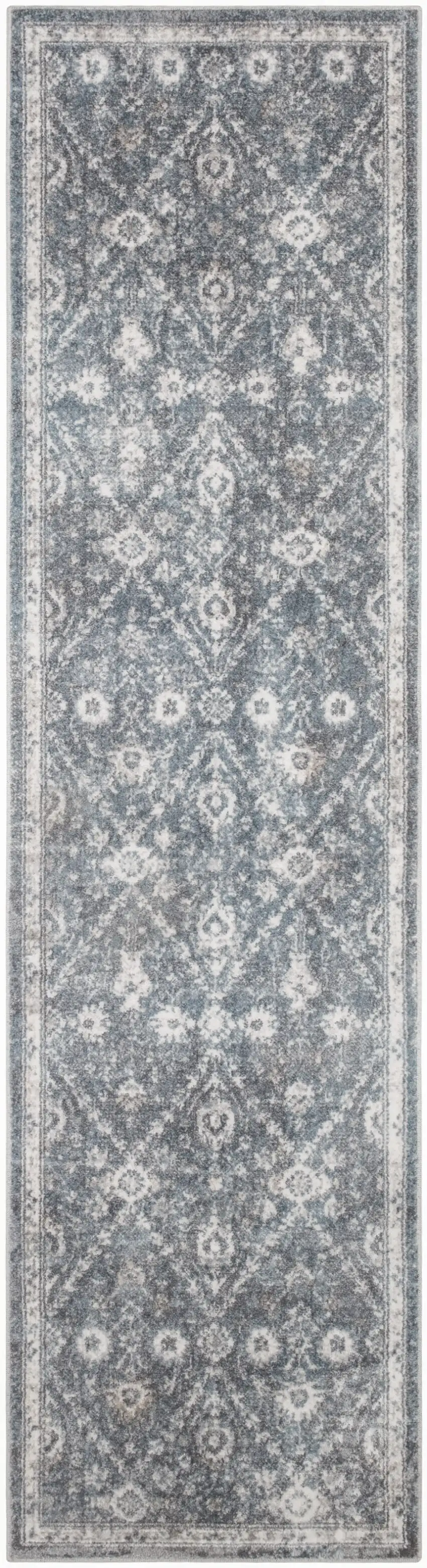 6' Dark Blue And Ivory Floral Distressed Runner Rug Photo 9