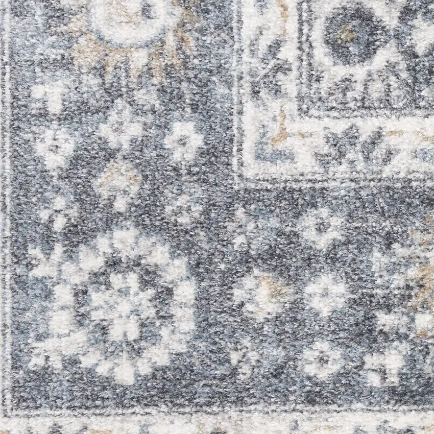6' Dark Blue And Ivory Floral Distressed Runner Rug Photo 2