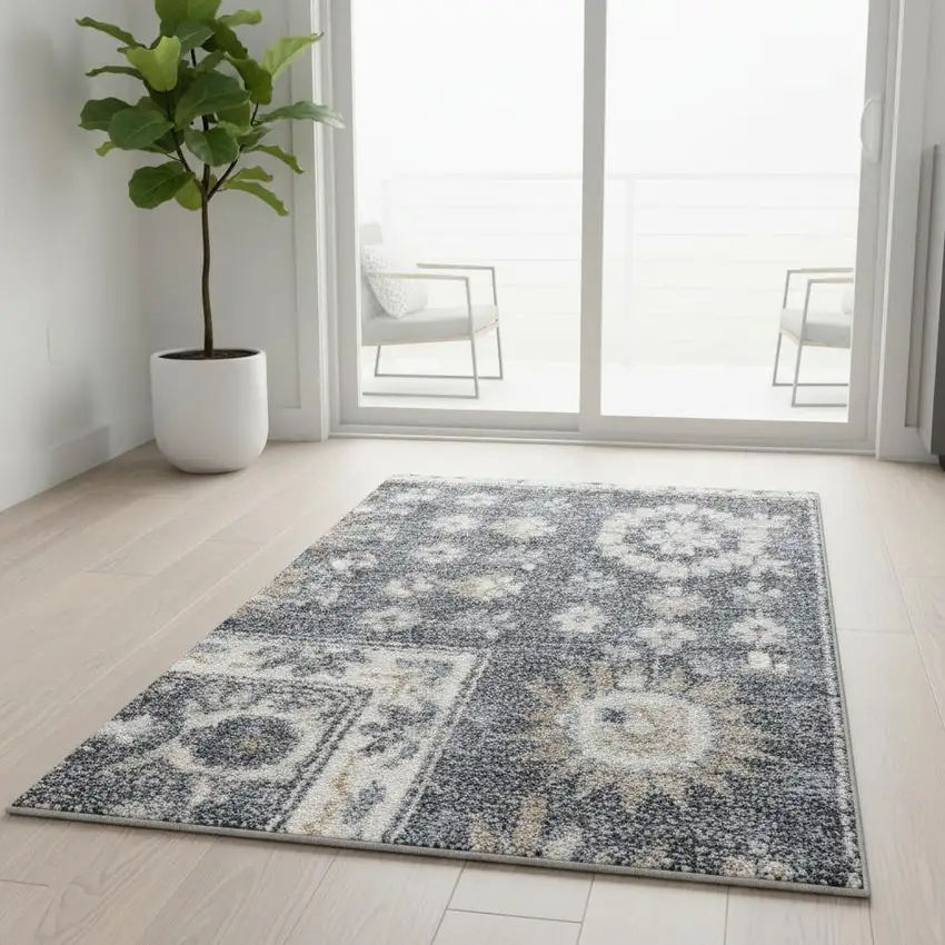 6' Dark Blue And Ivory Floral Distressed Runner Rug Photo 1