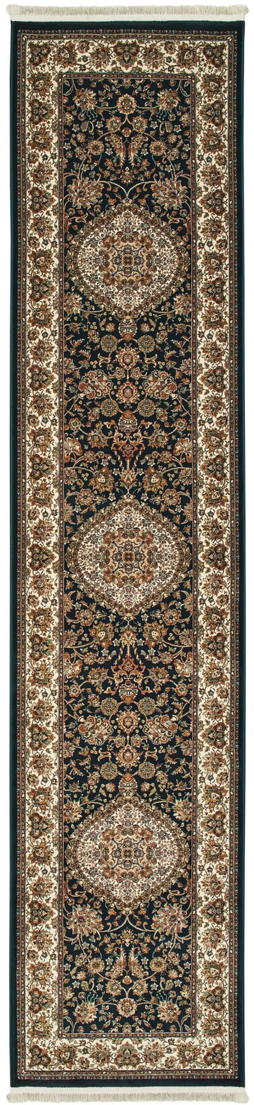 10' Dark Blue And Ivory Medallion Runner Rug With Fringe Photo 4