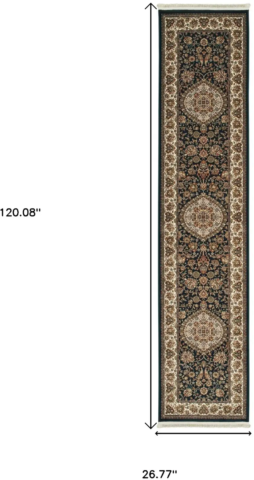 10' Dark Blue And Ivory Medallion Runner Rug With Fringe Photo 3