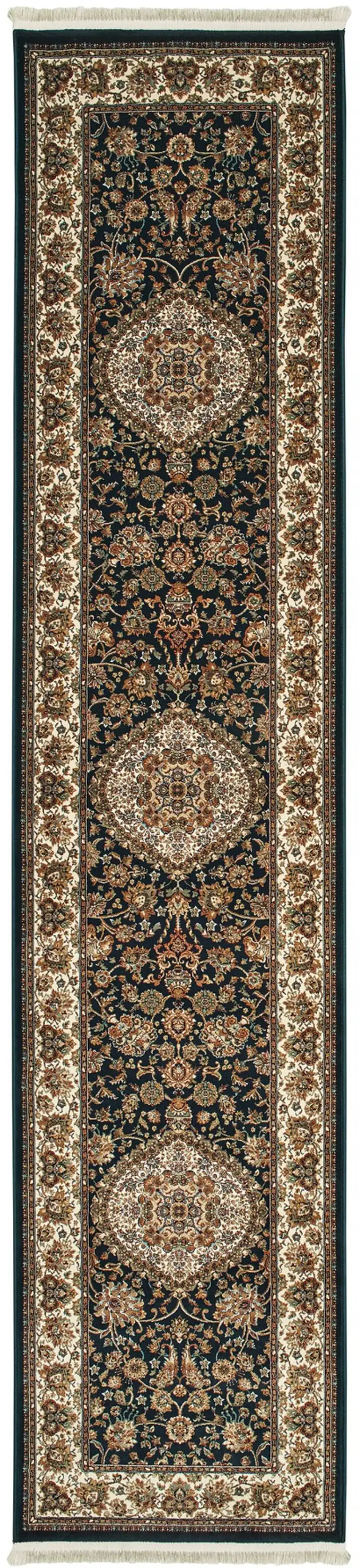10' Dark Blue And Ivory Medallion Runner Rug With Fringe Photo 2