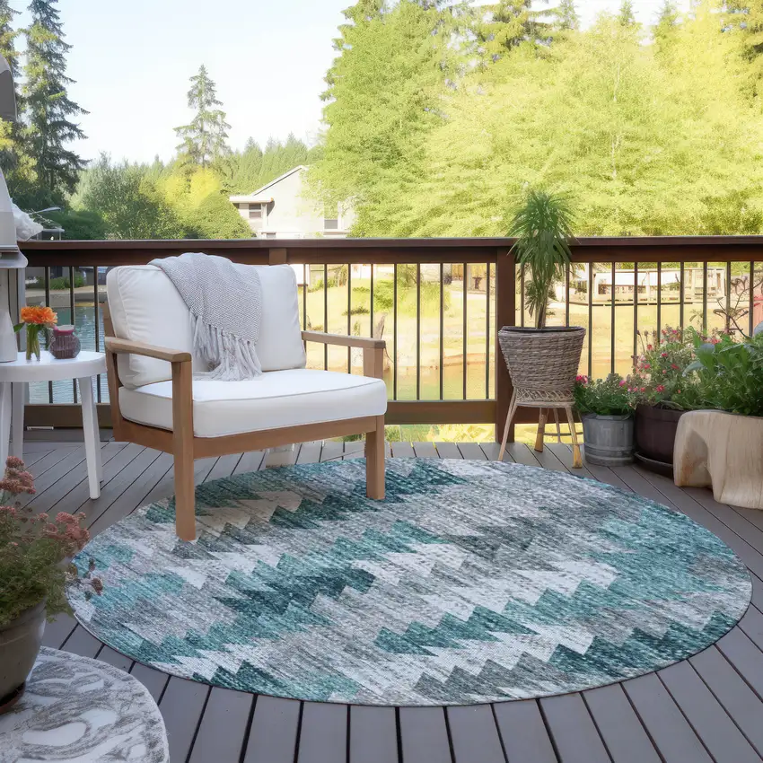 8' Dark Blue Aqua And Gray Round Geometric Washable Indoor Outdoor Area Rug Photo 6