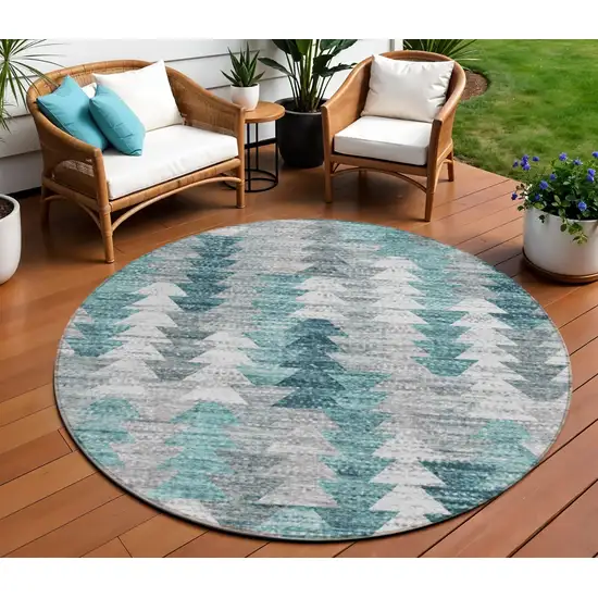 8' Dark Blue Aqua And Gray Round Geometric Washable Indoor Outdoor Area Rug Photo 1