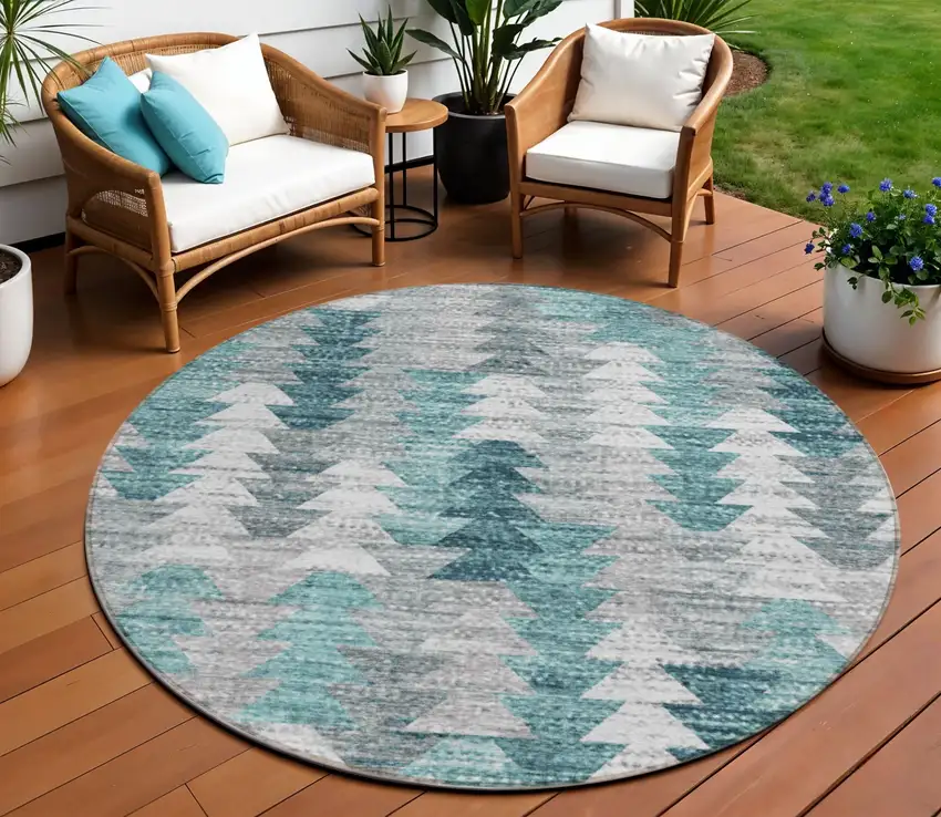8' Dark Blue Aqua And Gray Round Geometric Washable Indoor Outdoor Area Rug Photo 1